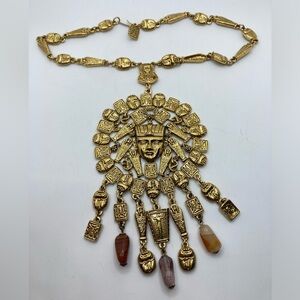 Vtg Goldette Nefertiti Egyptian Gold Tone Medallion w Stones Rare | 17” + 7”